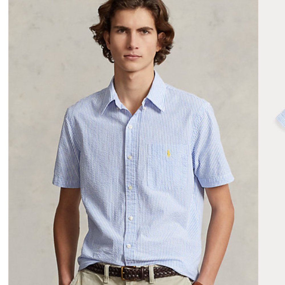 Ralph Lauren Blue Seersucker Short Sleeve Button Down Classic Fit Size Medium